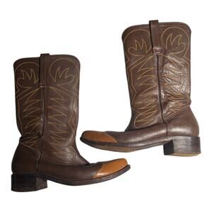 Vtg 1970s Brown Tan Leather Pointed Cap Toe Cowboy Western Boots Sz 10.5